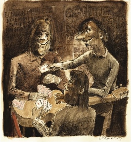 
Zu sehen sind drei Kartenspieler in einer Künstlergarderobe, die auf dem Korpus einer Gitarre eine Runde Skat spielen.
