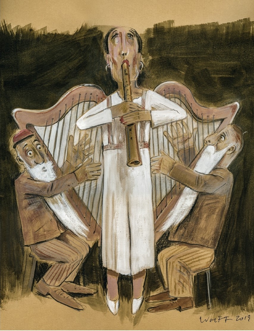 In der Mitte steht eine weiß gekleidete, Flöte spielende Figur. Links und rechts davon sitzt je ein harfespielender Musiker mit langem weißen ZZ-Top-Bart. Ihre beiden Harfen sehen aus wie die Engelsflügel der stehenden Figur.
